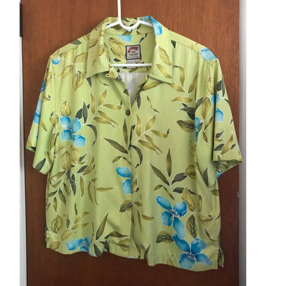 Rum Runner Casual Comfort, 100% Silk, Tropical Print, Short-Sleeve Blouse, Sz Lg